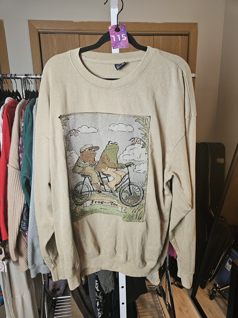 Beige Crewneck Sweatshirt with Frog and Toad Graphic